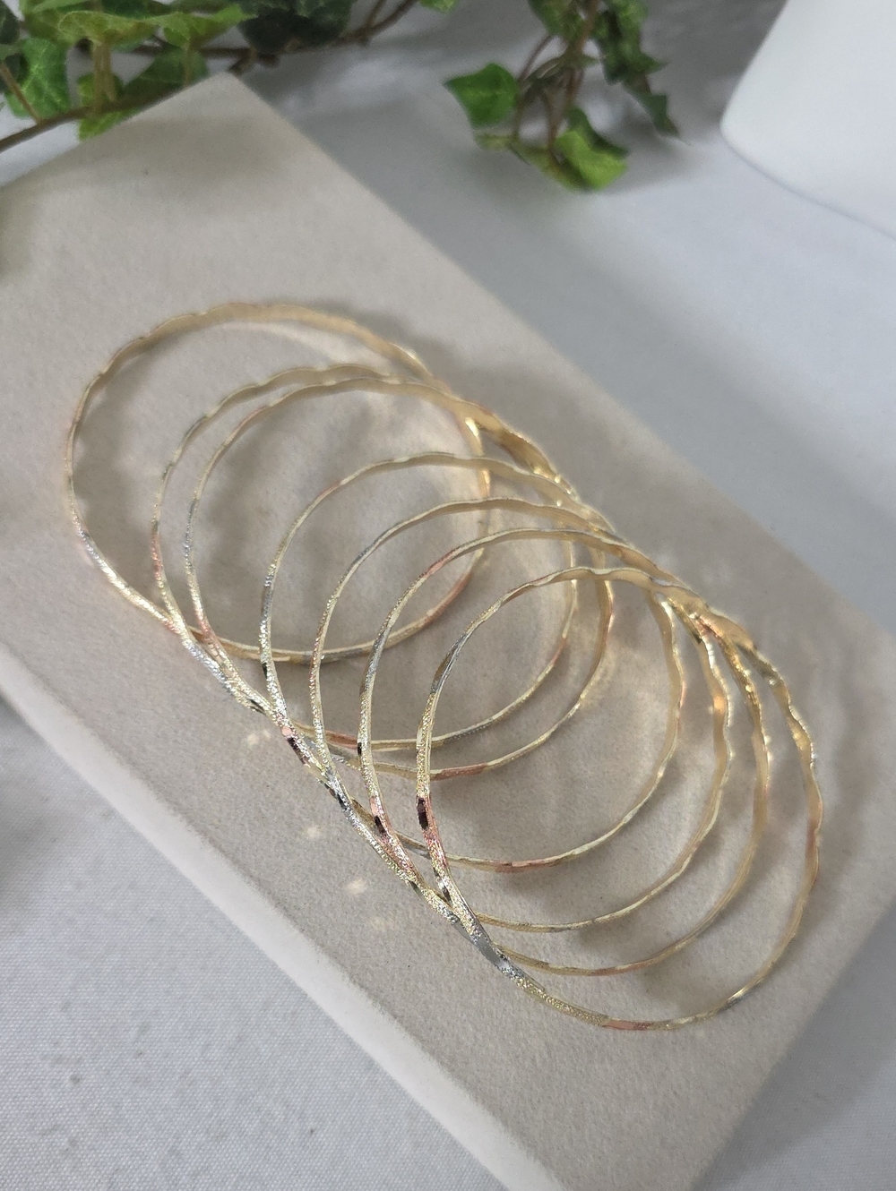 Tri Color Gold Filled Diamond Cut Wavy Bangle Bracelet Stack